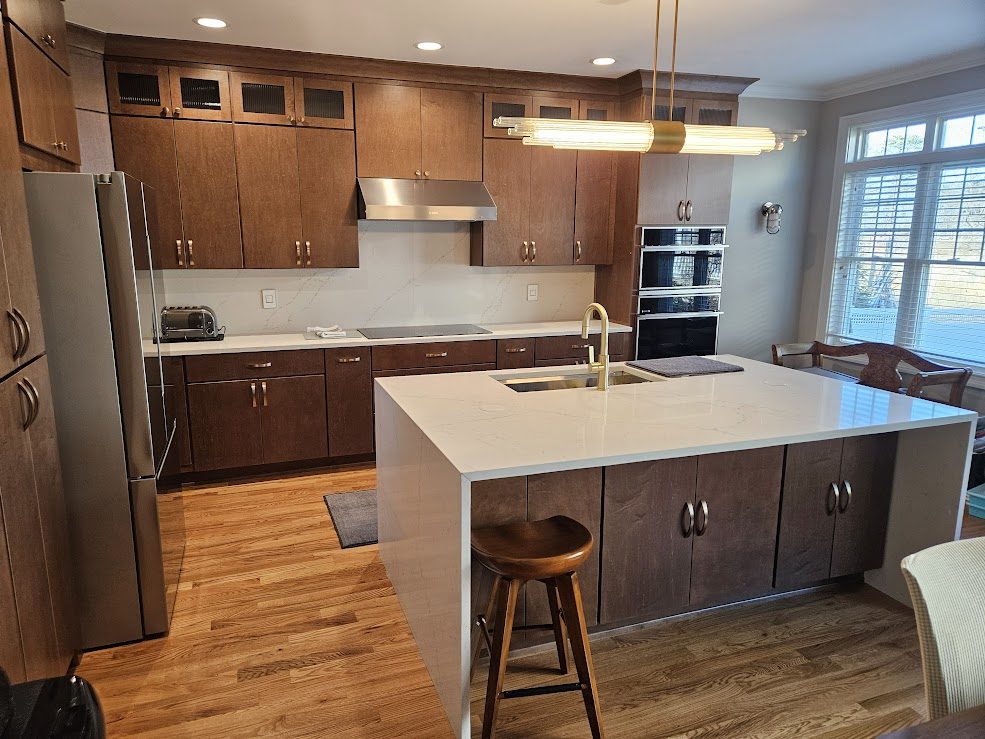 Walnut kitchen with white quartz island